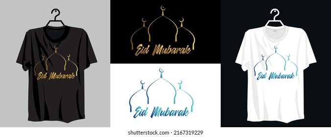 Eid Mubarak Calligraphy T-shirt Design with editable mosque vector