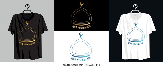 Diseño de camisetas de caligrafía de Eid Mubarak con vector de mezquita editable