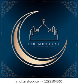 Eid Mubarak card with a crescent moon and a mosque pattern background