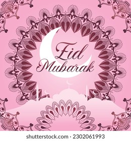 Eid Mubarak card Festival luxury vector illustration with moon and mosque premium ornamental design
