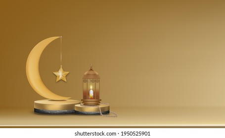 Eid Mubarak card with gold Crescent moon, traditional islamic lantern, rosary beads, candle on Podium. Vector Horizontal Islamic Banner for Ramadan Kareem,Eid Al Adha, Happy Muharram,islamic New Year