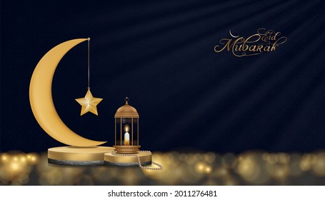 Eid Mubarak card with gold Crescent moon, traditional islamic lantern, rosary beads, candle on Podium. Vector Horizontal Islamic Banner for Ramadan Kareem,Eid Al Adha, Happy Muharram,islamic New Year