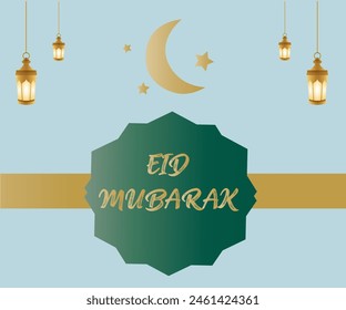 Eid Mubarak Card In Golden Green Theme With Lantern And Various Decorations