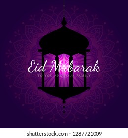 Tarjeta Eid Mubarak con fondo de patrón farol