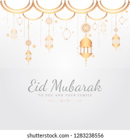 Eid Mubarak card with lanterns pattern background