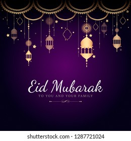 Eid Mubarak card with lanterns pattern background