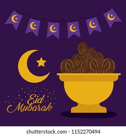 eid mubarak card with moon and garlands
