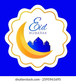 Eid Mubarak card. Moon, mosque, decorative border on a blue background. Vector illustration.