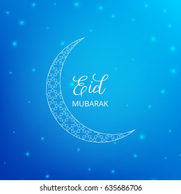 Eid Mubarak card with moon textured of arabesque pattern and glowing stars