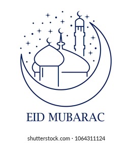 Eid Mubarak card with mosque and arabic crescent in linear style on white background. Vector illustration
