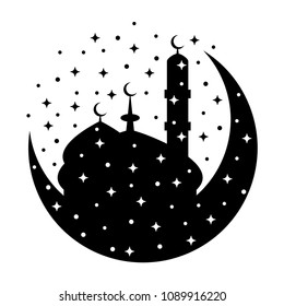 Eid Mubarak card with mosque and arabic crescent silhouette on white background. Vector illustration