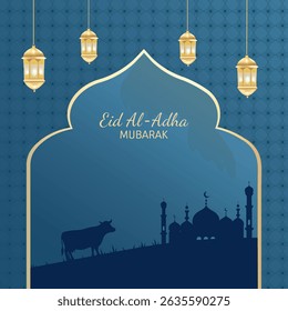Eid Mubarak card with Mosque, cow and hanging lanterns. Eid al Adah Mubarak background vector illustration. Islamic celebration design ideal for greeting card, poster, holiday cover or banner