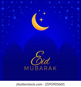 Eid Mubarak card. Mosque, moon stars and sparkles on a blue background. Vector illustration.