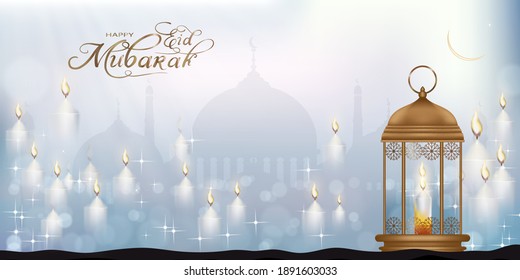 Eid Mubarak card with mosque silhouette with candle light, stars and crescent moon. Ramadan or ramazan kareem background with copy space for Eid ul Fitr or ul Adha. Islam, muslim religion