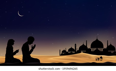 Eid Mubarak card with Mosque silhouette with Crescent moon and star at night,Muslim man and woman making a supplication, Ramadan Kareem background for Eid al fitr or Ul Adha. Islam, Muslim religion