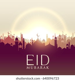 eid mubarak card with mosque silhouttes