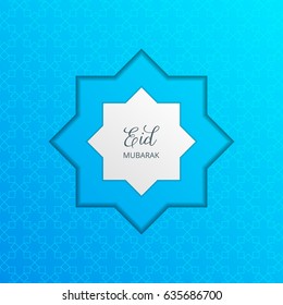 Eid Mubarak card with paper cut effect. Arabesque pattern and typography. Illustration for ilsamic holidays