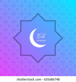 Eid Mubarak card with paper cut effect. Arabesque pattern and glowing moon