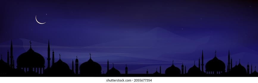 Eid Mubarak card, Ramadan Kareem with Silhouette Dome Mosques at night with crescent moon, dark blue sky,Vector banner background for Islamic religions ,Eid al-Adha, Eid al-fitr,Islamic new year