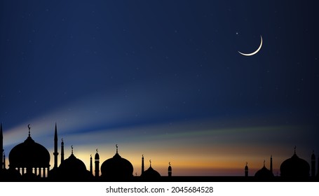 Eid Mubarak card, Silhouette Dome Moscheen am Abend mit Halbmond, dunkelblauer Himmel, Vektorbanner-Hintergrund für islamische Religionen, Eid al-Adha, Eid al-Fitr, Happy muharram, Islamisches Neujahr