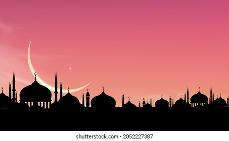 Eid Mubarak card, Silhouette Dome Mosques at night with crescent moon with Pink sky,Vector banner background for Islamic religions ,Eid al-Adha, Eid al-fitr, Happy muharram, Islamic new year