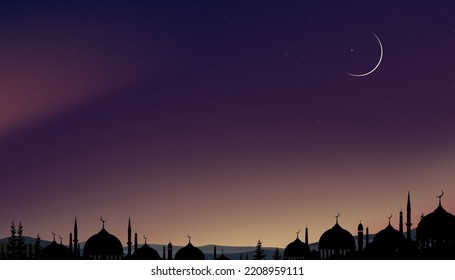 Eid Mubarak card, Silhouette Dome Mosques at night with crescent moon, dark blue sky,Vector banner background for Islamic religions ,Eid al-Adha, Eid al-fitr, Happy muharram, Islamic new year