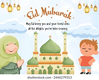 Eid Mubarak card in sky colour theme. Best banner design for social media and status. EPS file.