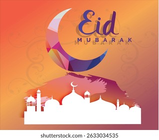 Eid Mubarak Card Template with moon and mosque