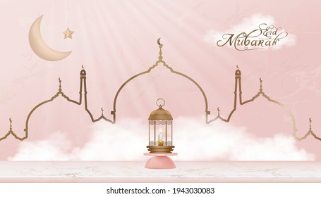 Eid Mubarak card Traditional Islamic lantern,Crescent moon and Star on pink background,Vector 3D background for Islamic religions,Ramadan Kareem,Eid al fitr,Eid al Adha,Happy Muharram,Islamic new year