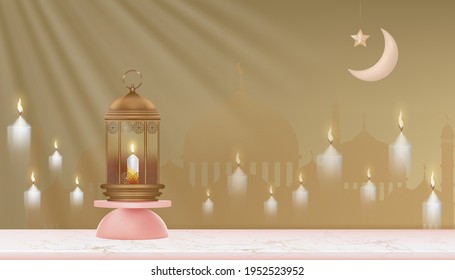 Eid Mubarak card Traditional Islamic lantern,Crescent moon and Star on gold background,Vector 3D background for Islamic religions,Ramadan Kareem,Eid al fitr,Eid al Adha,Happy Muharram,Islamic new year