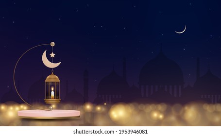 Eid Mubarak card Traditional Islamic lantern,Crescent moon and Star background,Vector 3D background for Islamic religions,Ramadan Kareem,Eid al fitr,Eid al Adha,Happy Muharram,Islamic new year