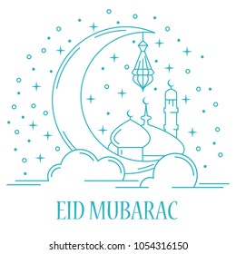 Eid Mubarak card with traditional lamp, mosque and arabic crescent in linear style on white background. Vector illustration