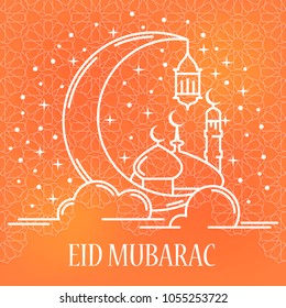 Eid Mubarak card with traditional lamp, mosque and arabic crescent in linear style on orange background. Vector illustration