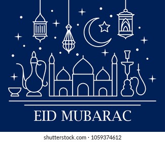 Eid Mubarak card with traditional lamps, mosque and arabic crescent in linear style on blue background. Vector illustration