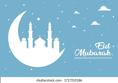 Eid Mubarak Card Vector Illustration, Edi Mubarak Greeting. Ramadan Kareem background illustration with Blue Colour. Clouds, Mosque, Moon, and Star,