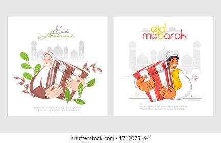 Eid Mubarak cards set with Muslim Man and Woman holding gifts on white background.