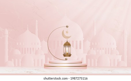 Tarjeta Eid Mubarak, linterna islámica tradicional, velas y luna creciente colgando en el podio con fondo de mezquita,Vector de religiones de simbólico musulmán para Ramadán Kareem, Aid el fitre, Eid al adha 