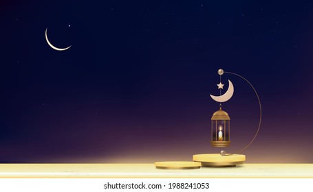 Eid Mubarak card,Traditional islamic lantern,candle and crescent moon hanging on podium with sunset sky background,Vector of Religions of Muslim Symbolic for Ramadan Kareem, Aid el fitre, Eid al adha 