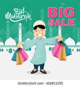eid mubarak cartoon character, big sale, bring shopping bag