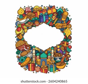 Eid Mubarak Cartoon cute doodles hand drawn seamless pattern. Colorful detailed, with lots of objects background. vector illustration. 