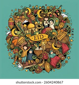 Eid Mubarak Cartoon cute doodles hand drawn seamless pattern. Colorful detailed, with lots of objects background. vector illustration. 