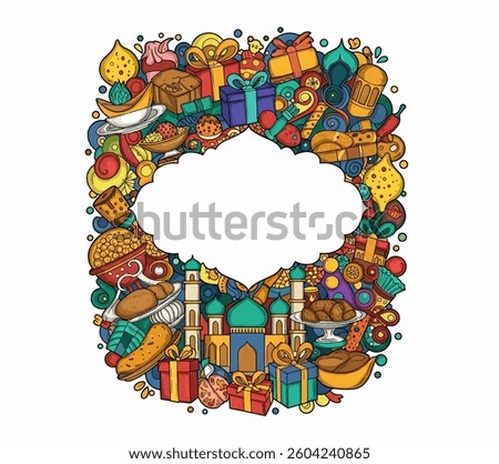 Eid Mubarak Cartoon cute doodles hand drawn seamless pattern. Colorful detailed, with lots of objects background. vector illustration. 
