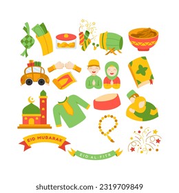 Eid Mubarak Cartoon Illustration. Eid Al Fitr Clipart Illustration For Card, Invitation, Ramadan, And Eid Poster Decoration. Islamic Element.