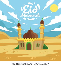 Eid Mubarak Cartoon Mosque Brown in the Desert Vector Illustration