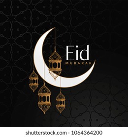 eid mubarak celebration background with moon and hanging lanterns