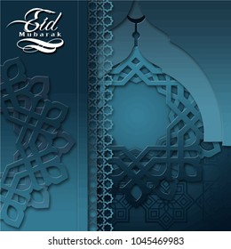 eid mubarak celebration blue white arabic ornament paper cutting style greeting card banner background