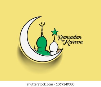 Eid Mubarak celebration- calligraphy stylish lettering Ramadan Kareem text Moon with mosque. Vector illustration.