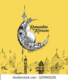 Eid Mubarak celebration- calligraphy stylish lettering Ramadan Kareem text Moon with mosque. Vector illustration. Eid Mubarak celebration- calligraphy stylish lettering Ramadan Kareem text Moon with mosque. Vector illustration.