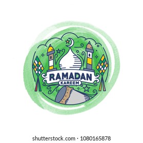 Eid Mubarak celebration- calligraphy stylish lettering Ramadan Kareem text with mosque. Vector illustration.