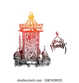 Eid Mubarak celebration- calligraphy stylish lettering eid text with mosque. Vector illustration.